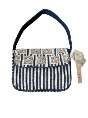 Artisanal Hand Beaded Statement Navy and White Striped Shoulder Bag Studio 12